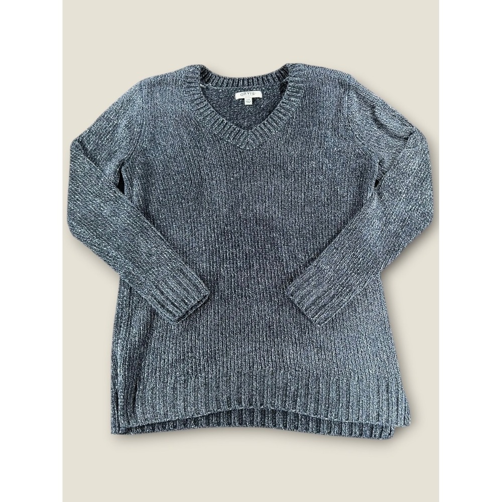Orvis Women Gray Blue Marled Chenille V-Neck Pullover Sweater Large